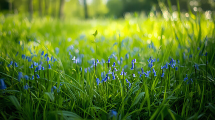 Photo of a field of vibrant blue flowers (bluebells) in a lush green grassy landscape. Vibrant. Illustration