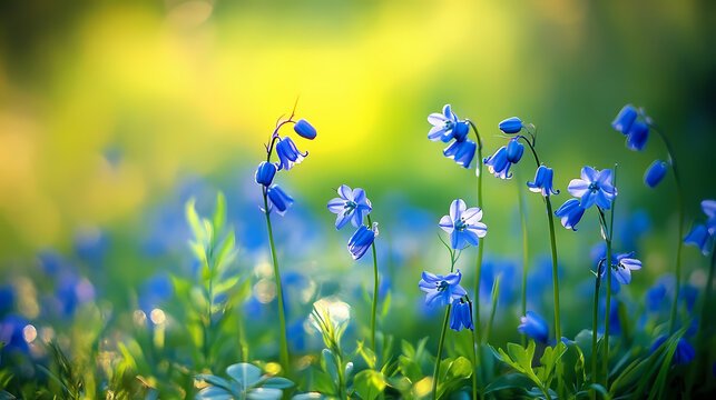 Photo of a field of vibrant blue flowers (bluebells) in a lush green grassy landscape. Vibrant. Illustration