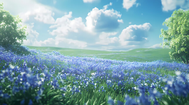 Photo of a field of vibrant blue flowers (bluebells) in a lush green grassy landscape. Vibrant. Illustration