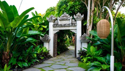 Lush, tropical garden with a traditional stone gate as the focal point. 