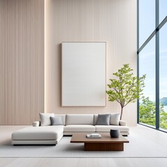 Fototapeta premium Elegant Modern Living Room with Natural Light and Geometric Design Elements