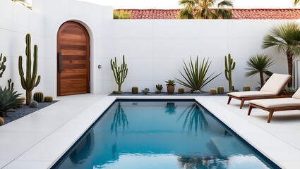  a small pool with turquoise water in the foreground, surrounded by a light beige stone patio.