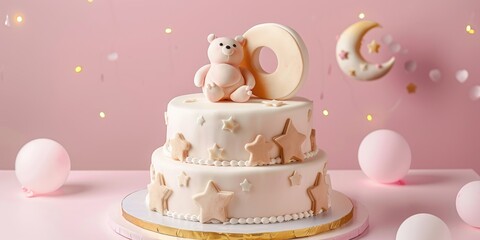 Customizable Birthday Cake Adorned with a Baby Bear and Moon, Perfect for Your Child's Name