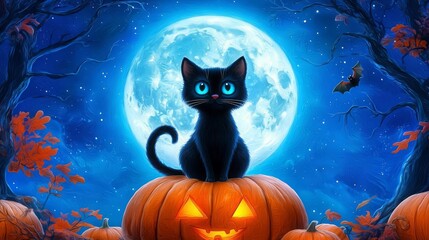 Fototapeta premium Black cat with glowing eyes, sitting on a pumpkin under a full Halloween moon, 3D illustration