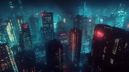 Nighttime View of a Futuristic City with Rain and Neon Lights