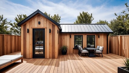 Style and type: Outdoor patio area with a modern, rustic design. Layout: The space features a wooden deck with a seating area in front of a small wooden cabin.