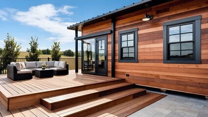 Style and type: Outdoor patio area with a modern, rustic design. Layout: The space features a wooden deck with a seating area in front of a small wooden cabin.