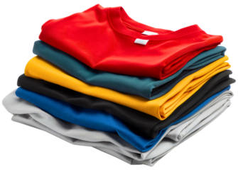 Neatly folded stack of blank tshirts, a casual clothes mockup in various colors isolated, showcasing a clean, unisex fashion design perfect for branding, advertising, or retail shop wear collection