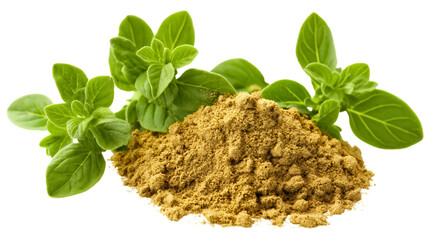Pile of dried oregano powder with leaf, an isolated spice and seasoning ingredient for adding herbal flavor and organic dry aroma