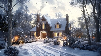 A Cozy Brick House Covered in Snow with a Snowy Pathway and Smoke from the Chimney