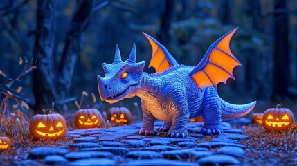Triceratops costume with bat wings, spooky forest path, Halloween night, 3D illustration