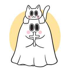 Cute Halloween ghost and cat vector.