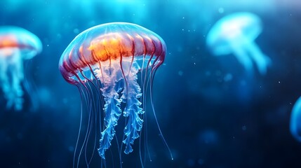 Fototapeta premium Glowing Ethereal Jellyfish Drifting in Mesmerizing Deep Blue Ocean Underwater Scene