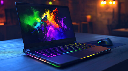 Gaming neon laptop computer, featuring cutting edge hardware and technology designed for video games, allowing you to play anywhere with this portable notebook