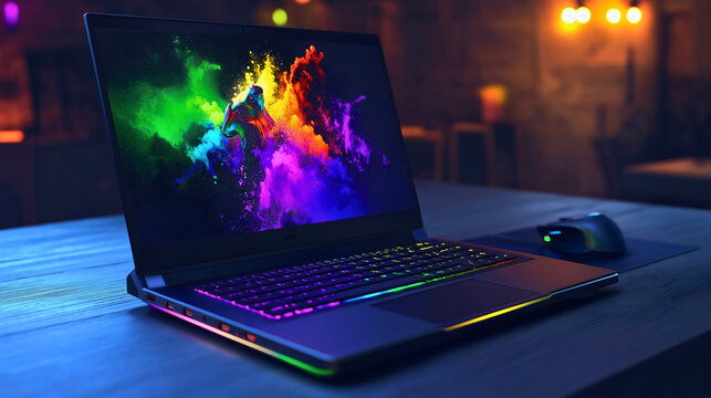 Gaming neon laptop computer, featuring cutting edge hardware and technology designed for video games, allowing you to play anywhere with this portable notebook
