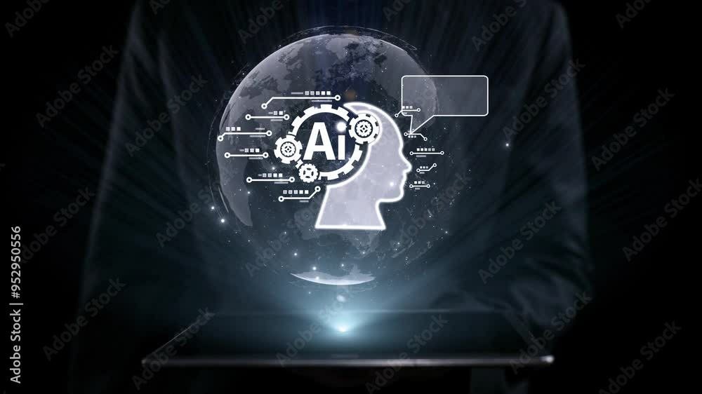 Poster human interact with ai artificial intelligence brain processor in concept of ai artificial intellige