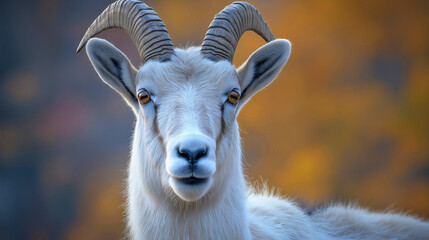 Obraz premium Strong mountain goat, a horned farm mammal and wild animal, known for its beautiful white fur and unique sheep head, in nature and in alpine wilderness
