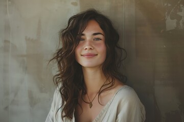 Fototapeta premium An ordinary woman in everyday clothing, smiling gently at the camera.