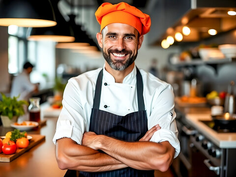 jove chef parado mirando a camara sonriendo con los brazos cruzados en la cocina de un restaurante con gorro de chef naranja