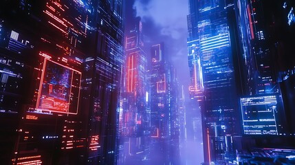 Futuristic Cityscape with Neon Lights and Digital Interfaces