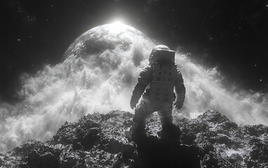 Obraz premium Lone Astronaut Contemplating Earth from Moon's Surface