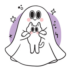 Cute Halloween ghost and cat vector.