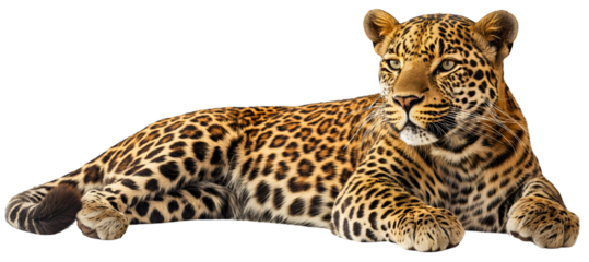 Isolated leopard animal lying down, a dangerous predator and carnivore of the African jungle, showcasing its beauty as a big cat and a powerful wildlife hunter in its natural habitat