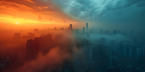 Obraz premium Dramatic Cityscape with Split Sunset and Storm Clouds,