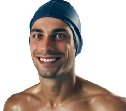 A professional swimmer man, isolated in the training, wearing cap, healthy fitness and energy as he prepares for sport competition, showcasing the dedication of an athlete in action