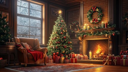 Obraz premium Depict a cozy living room with a Christmas tree in the corner, wrapped gifts underneath, and a comfortable armchair with a festive blanket.