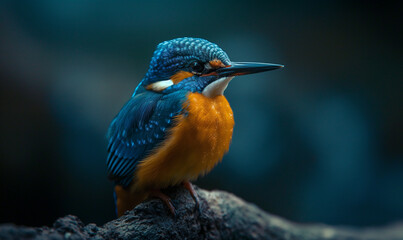 Fototapeta premium vibrant kingfisher close-up perched on branch, showcasing colorful feathers and detailed natural habitat