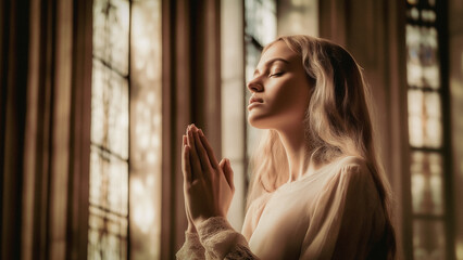 Fototapeta premium Image of beautiful woman praying in church kneeling, religious devotion, spiritual reflection, and sacred worship 