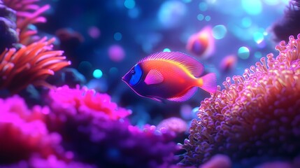 Fototapeta premium Glowing Coral Reef Teeming with Iridescent Sea Creatures in Ethereal Underwater Expressionism