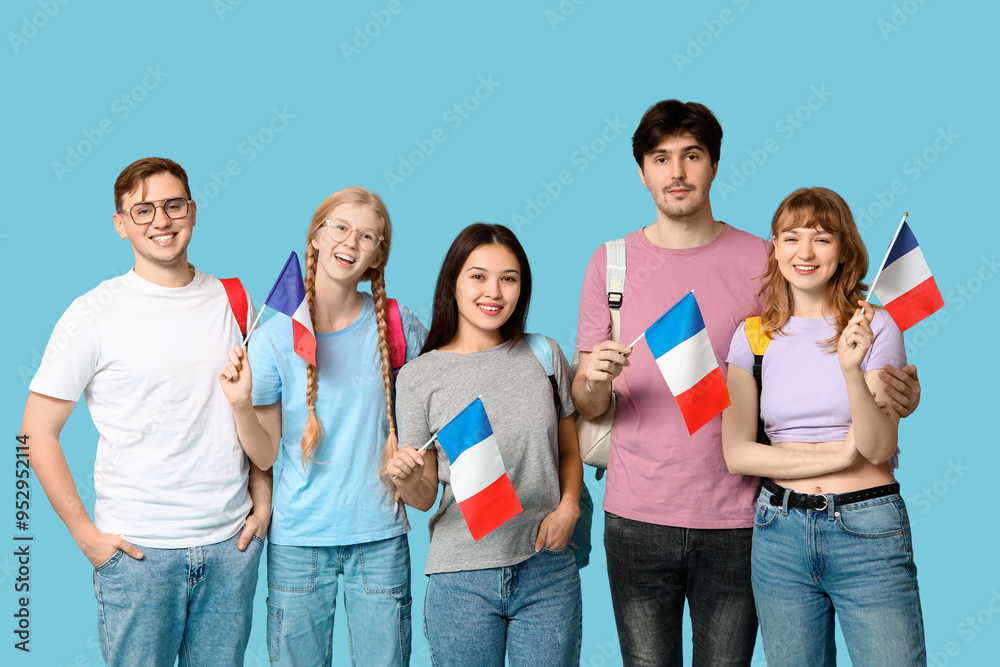 Sticker Group of students with French flags on blue background