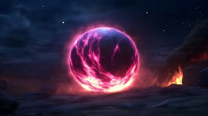 Obraz premium Ethereal glowing sphere suspended in a desert mist conveying a sense of primordial magic and cinematic drama