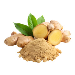 Fototapeta premium Ground ginger and ginger slices on an isolated background, ginger root on an isolated background