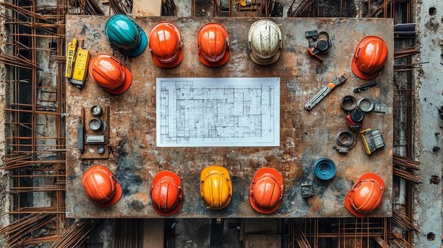 Overhead View of Construction Planning with Blueprints and Essential Tools