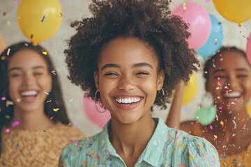 Fototapeta premium Group of black women celebrating a birthday, capturing happiness, copy space celebration of life, vibrant, Multilayer, party venue