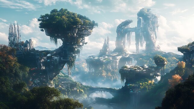 Futuristic Cityscape with Floating Islands and Trees