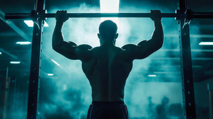 A muscular bodybuilder demonstrates his strength with a pull up exercise at the gym, showcasing his dedication to fitness and athlete in a dynamic workout, grip power