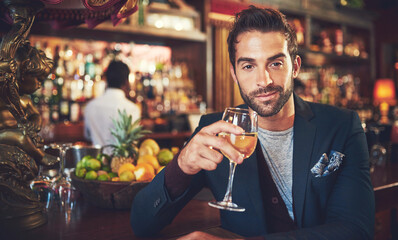 Portrait, wine and man in pub, happiness and stress relief with confidence or achievement drink. Face, person and customer with alcohol, glasses and comfort in restaurant, bar and small business