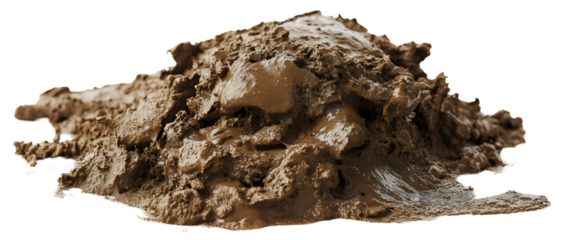 Isolated slurry muddy soil, brown texture and messy dirt create a grunge ground backdrop, transparent background