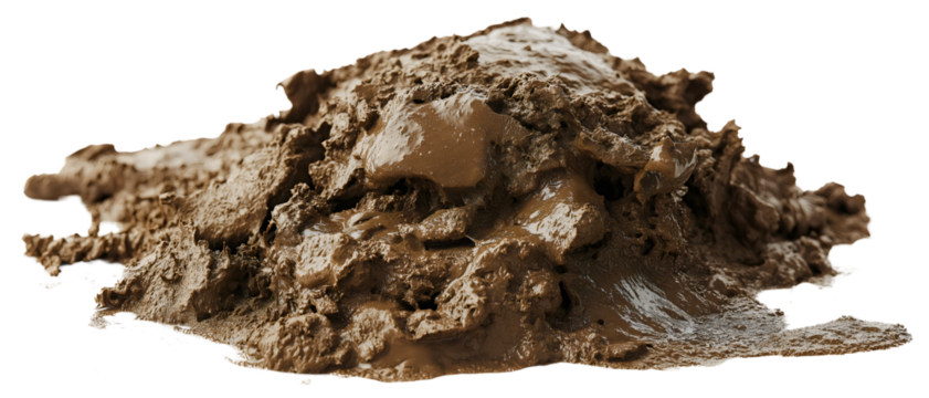 Isolated slurry muddy soil, brown texture and messy dirt create a grunge ground backdrop, transparent background