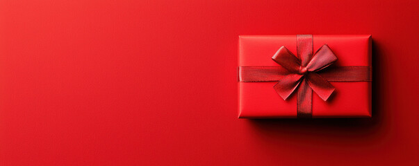 Red gift box with a ribbon on a red background. Perfect for celebrations, holidays, and special occasions. Flat lay composition.