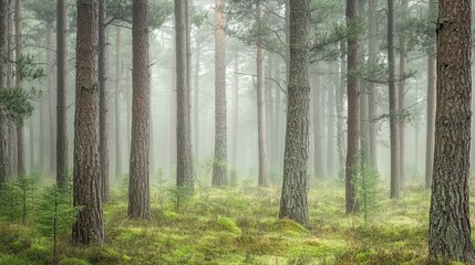 Obraz premium A foggy morning in a pine forest with soft, diffused light creating a mystical and calming atmosphere.