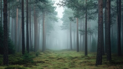 Obraz premium A foggy morning in a pine forest with soft, diffused light creating a mystical and calming atmosphere.