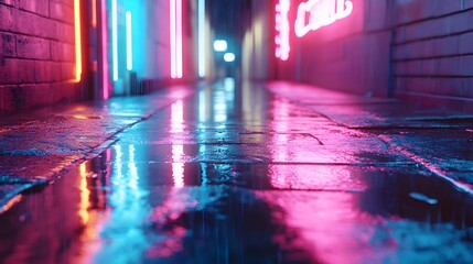 Naklejka premium Glowing Neon Lights Reflect on Wet Alleyway in Vibrant Cyberpunk Inspired Urban Scene