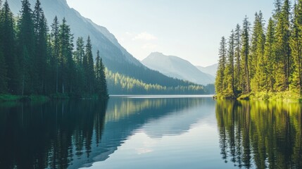 A picturesque view of a pine tree-lined mountain lake with calm, reflective waters and a clear sky.