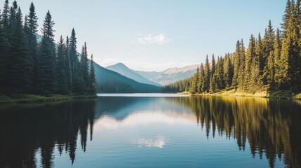 A picturesque view of a pine tree-lined mountain lake with calm, reflective waters and a clear sky.