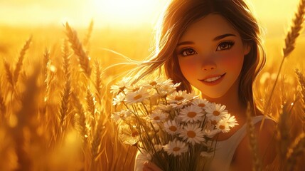 A pretty girl with a charming smile, holding a bouquet of daisies in a wheat field, under the golden rays of the setting sun.